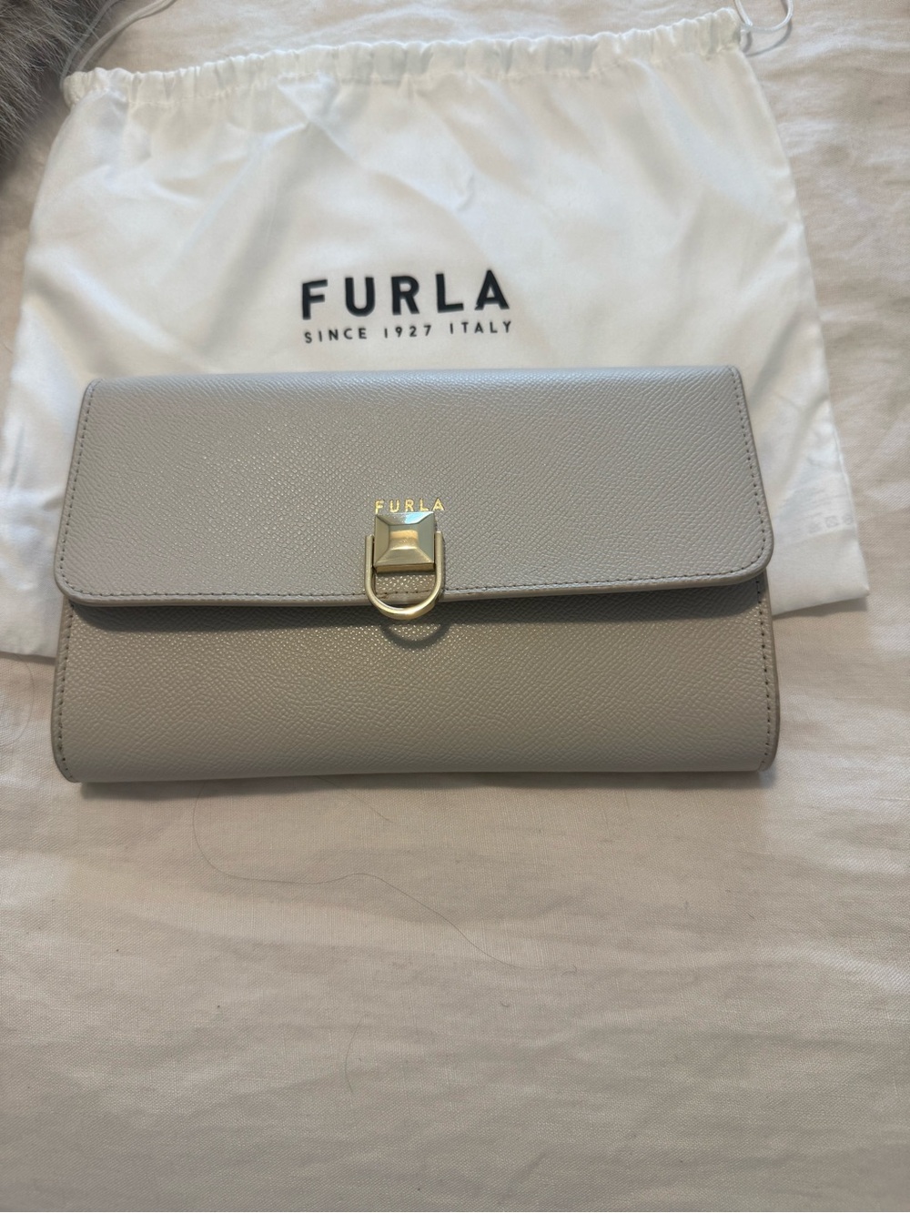 Furla Light Gray Leather Wallet with Gold Buckle